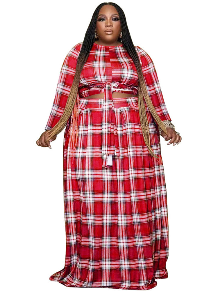 Two Piece Plaid Crop Top Maxi Skirt Plus Size Set