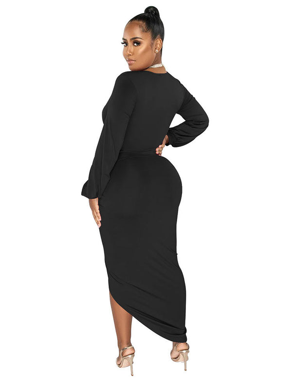 Deep V Neck Long Sleeve Ruched Split Maxi Dresses