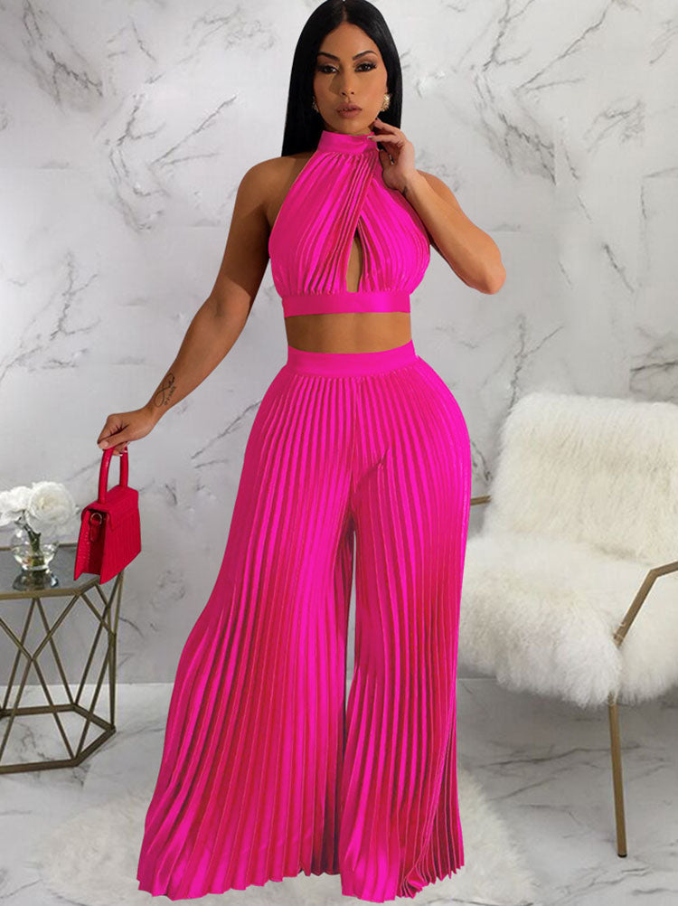 Two Piece Halter Crop Top Wide Leg Pants