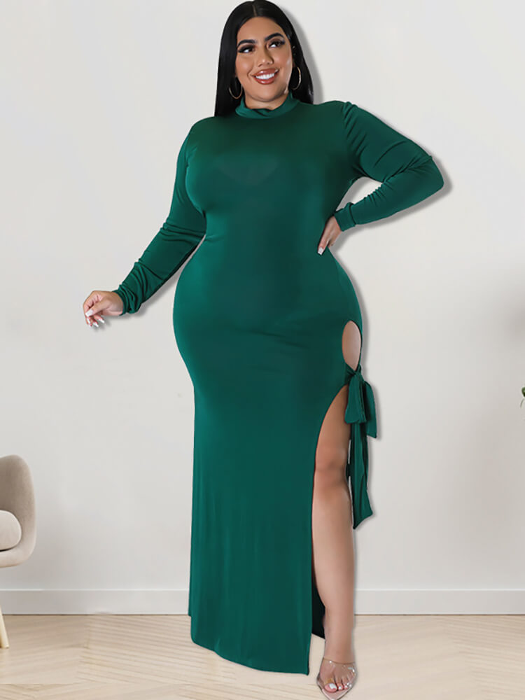 Plus Size Mock Neck Long Sleeve Strappy Slit Maxi Dresses