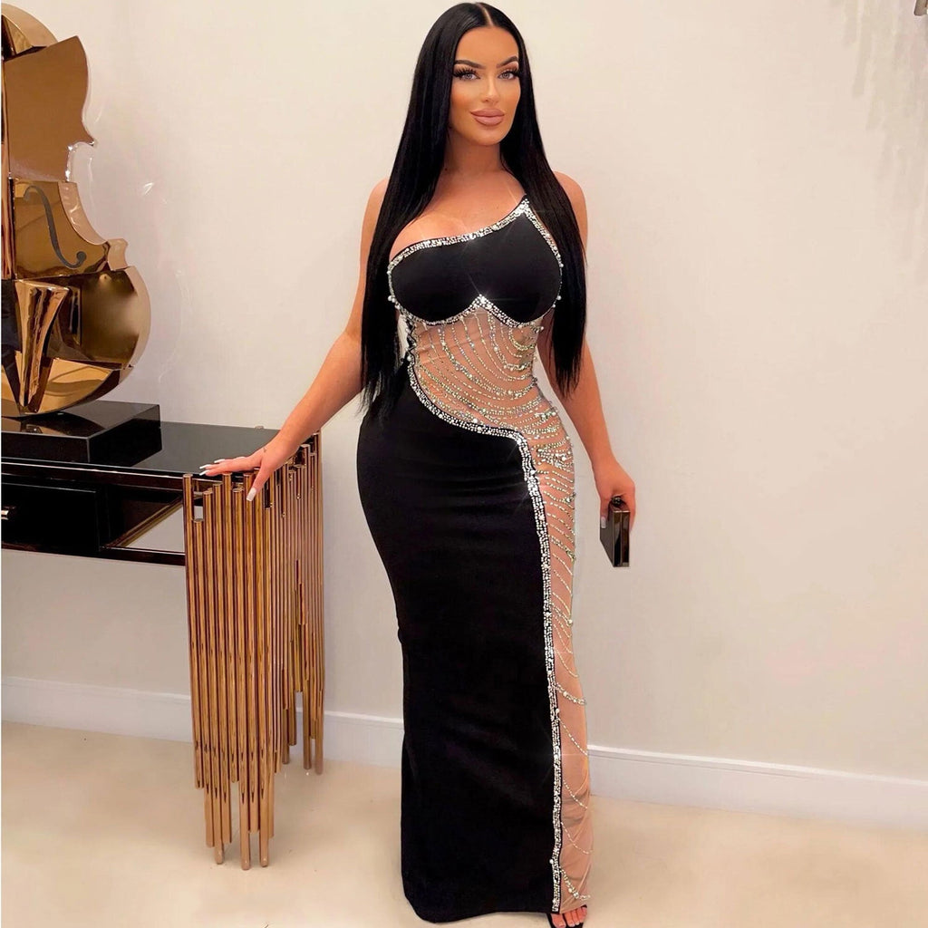 Rhinestone One Shoulder Mesh Maxi Dresses