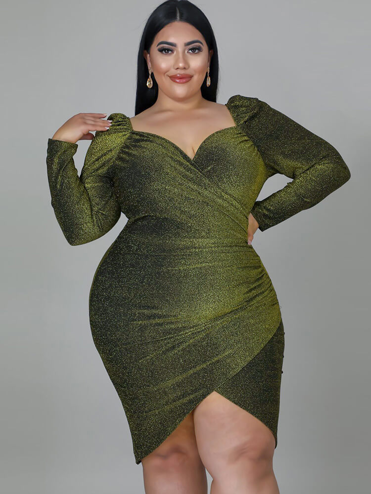 Plus Size Long Sleeve Glitter Midi Dress