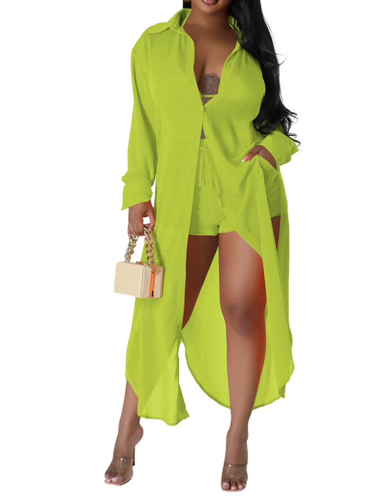 Chiffon Two Piece Long Sleeve Shirts & Shorts