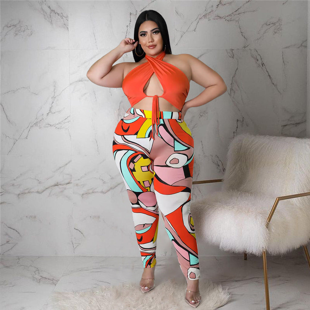 Plus Size Criss Cross Halter Top & Bodycon Pants