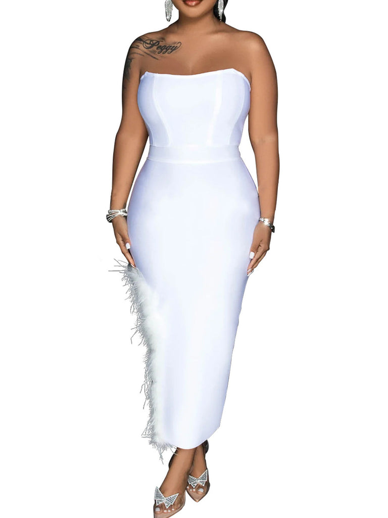 Off Shoulder Tube Feather Midi Dresses