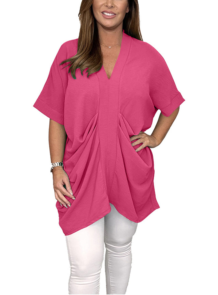 Short Sleeve V Neck Ruched Tops