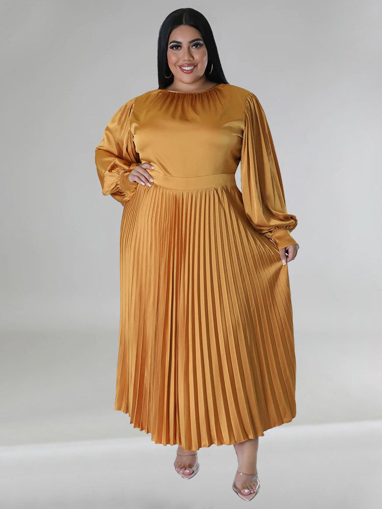 Long Sleeve Pleated Satin Plus Size Maxi Dresses