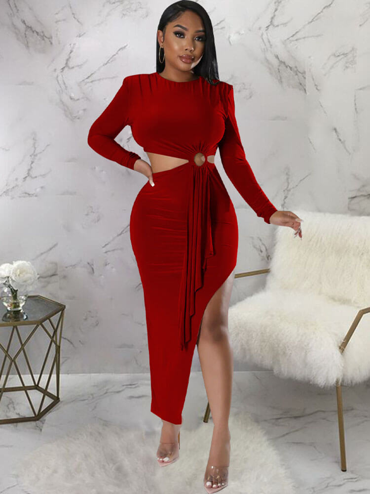 Long Sleeve Cutout Ruched Slit Midi Dresses