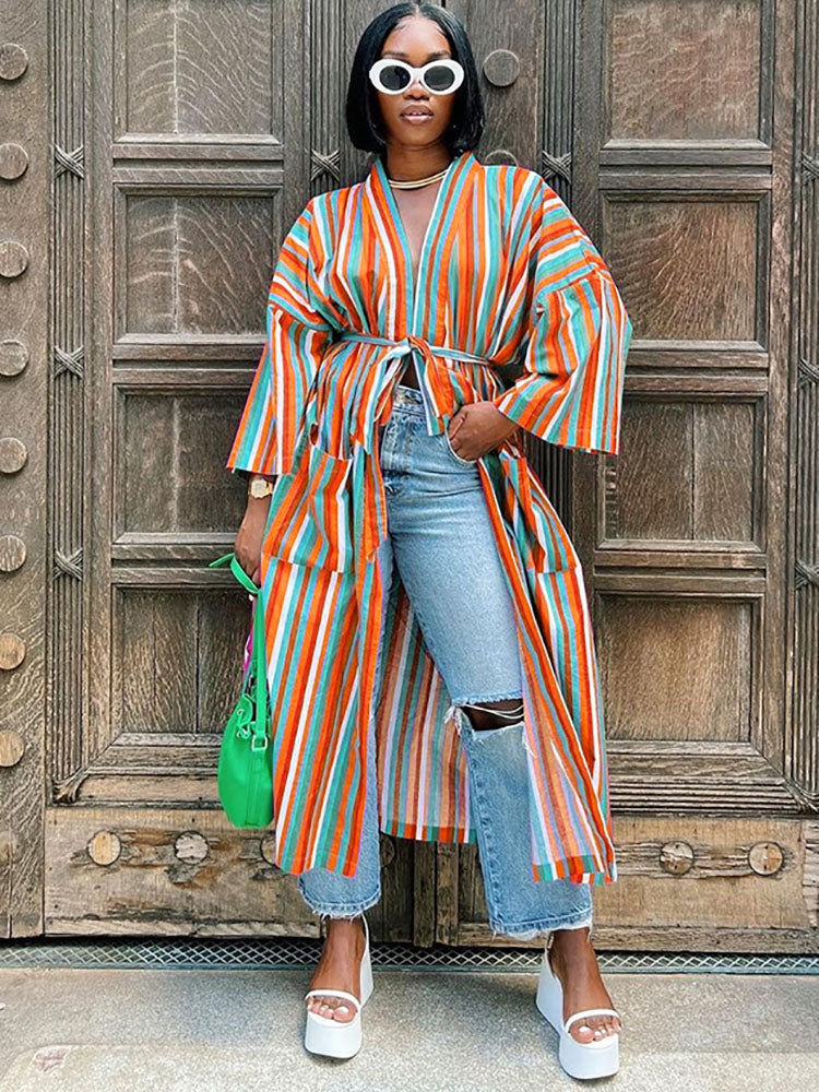 Striped Open Front Split Belted Shirt Coats