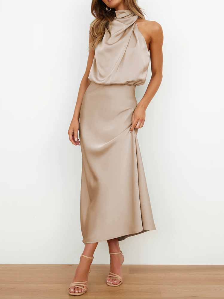 Satin Mock Neck Waist Maxi Dresses