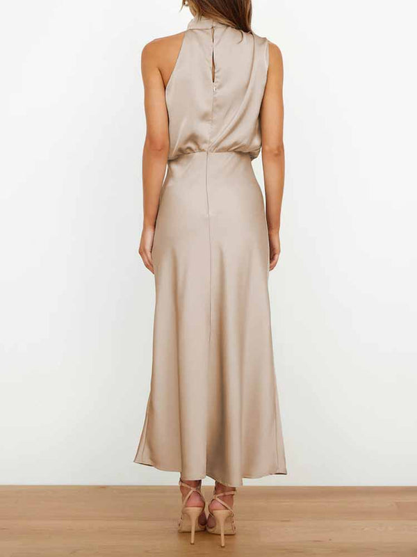 Satin Mock Neck Waist Maxi Dresses