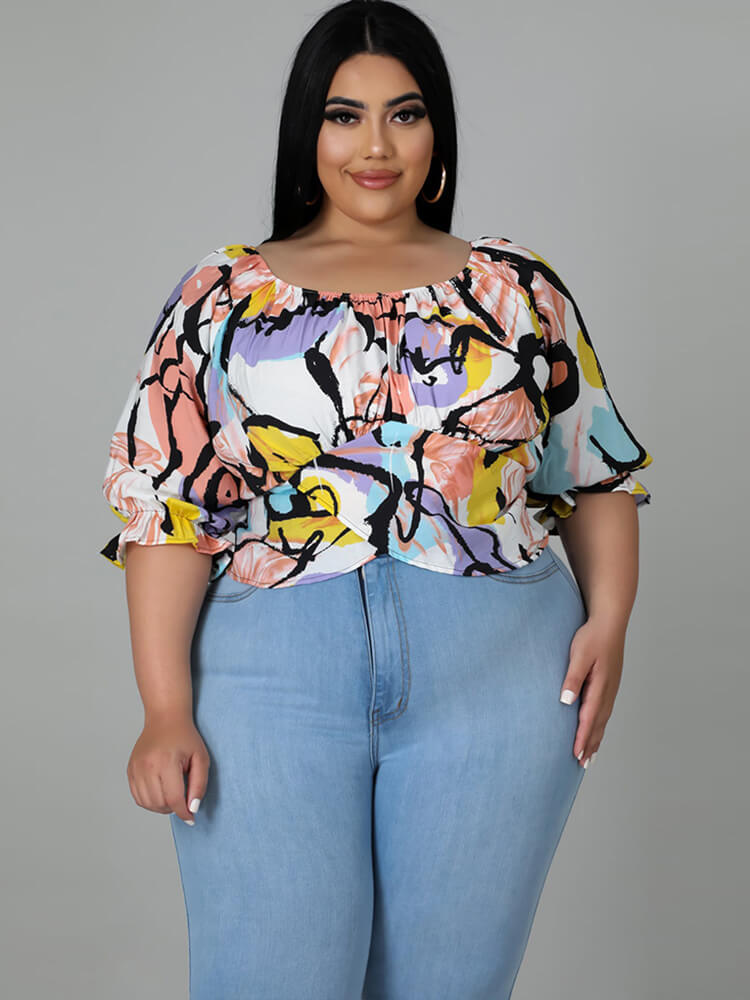 Plus Size Short Sleeve Floral Print Crop Top