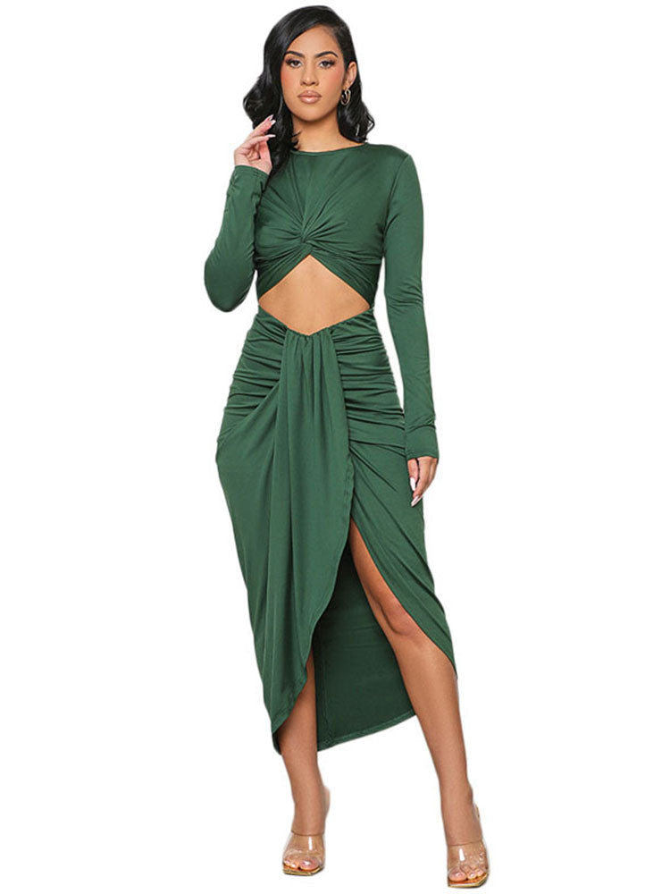 Long Sleeve Tie Ruched Midi Dresses