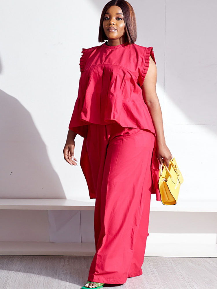 Ruffle Sleeve Shirt and Wide-Leg Pants Set