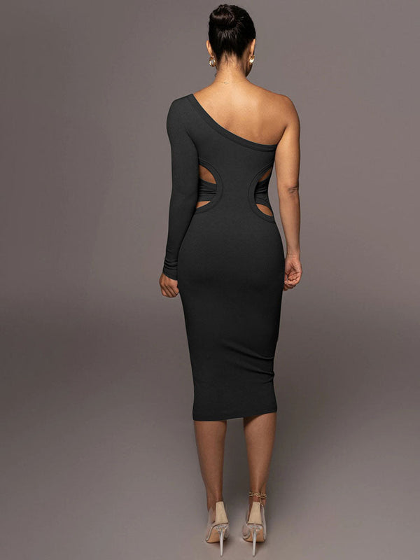 One Shoulder Ribbed Bodycon Midi Dresses