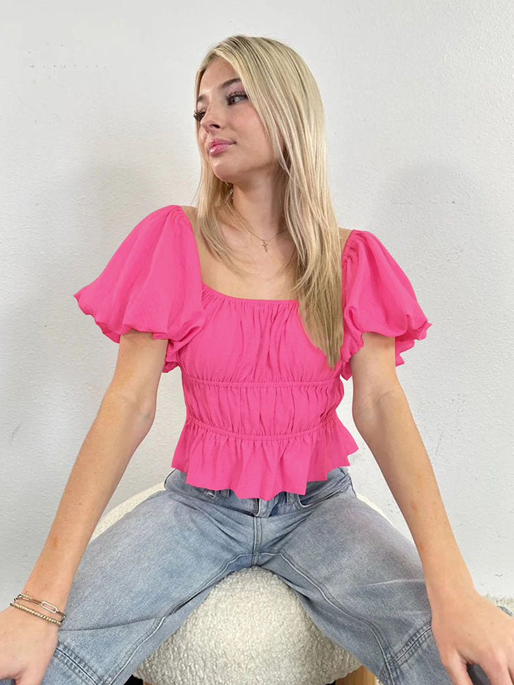 Square Neck Ruffle Ruched Crop Top