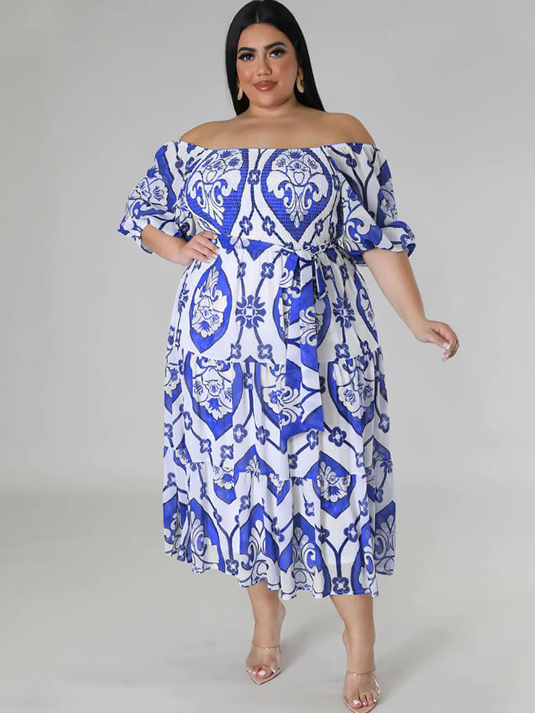 Short Sleeve Off Shoulder Floral Midi Dresses