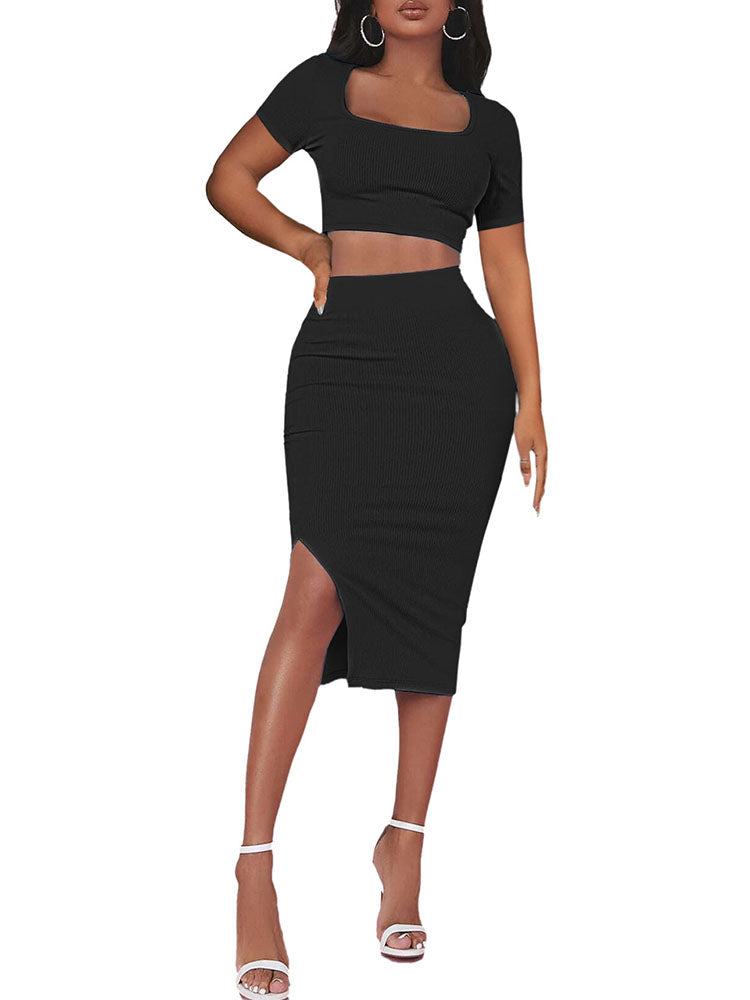 Two Piece Ribbed Crop Top & Midi Skirt