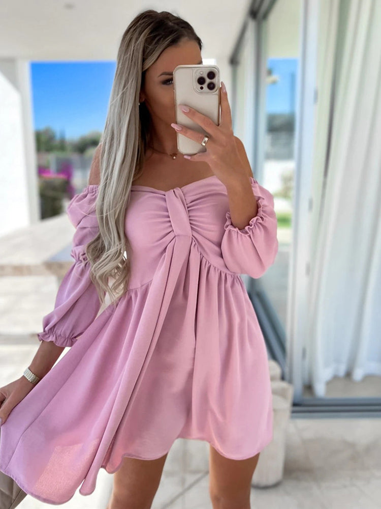 Puff Sleeve Off Shoulder Ruffle Mini Dresses