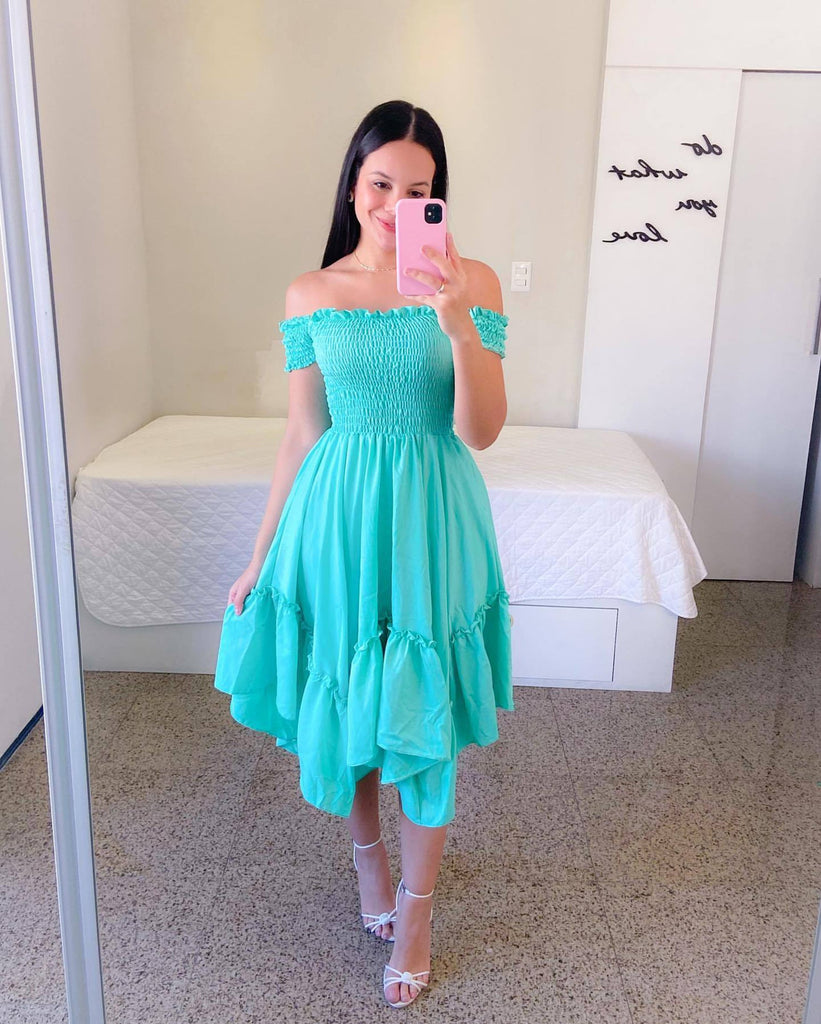 Off Shoulder Short Sleeve Ruffle Midi Dress