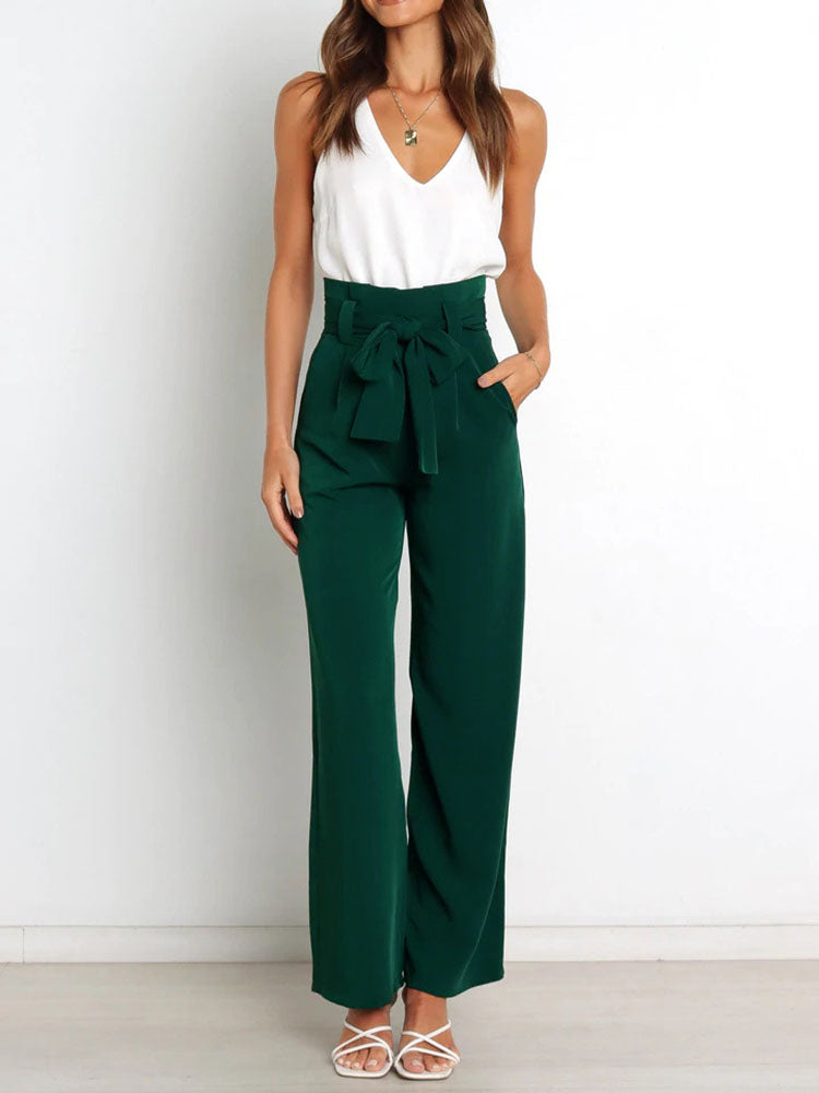 Solid Color With Belt Wide Leg Long Pants