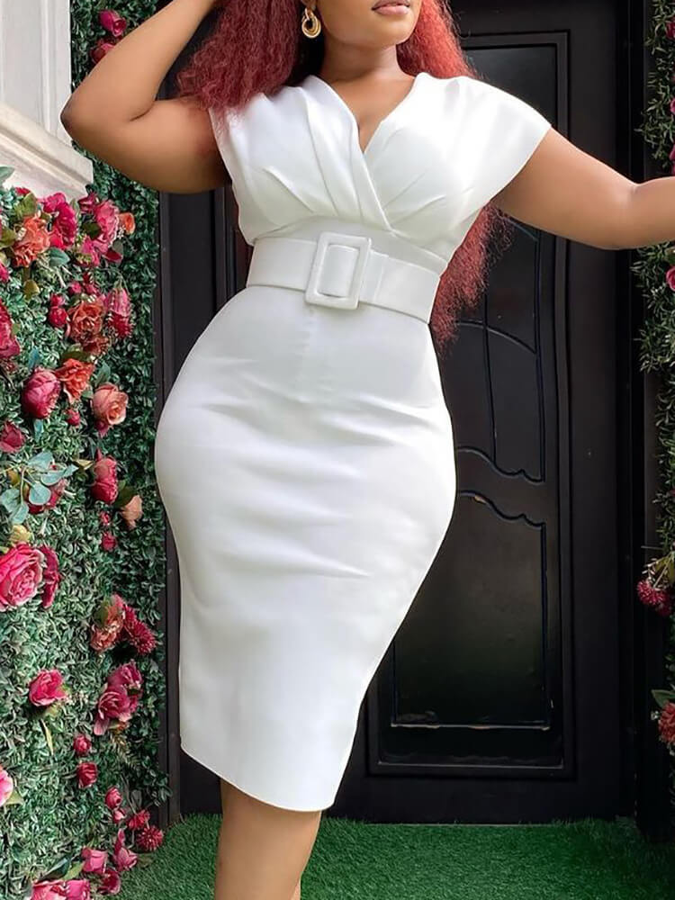 Sleeveless V Neck Ruched Bodycon Midi Dresses