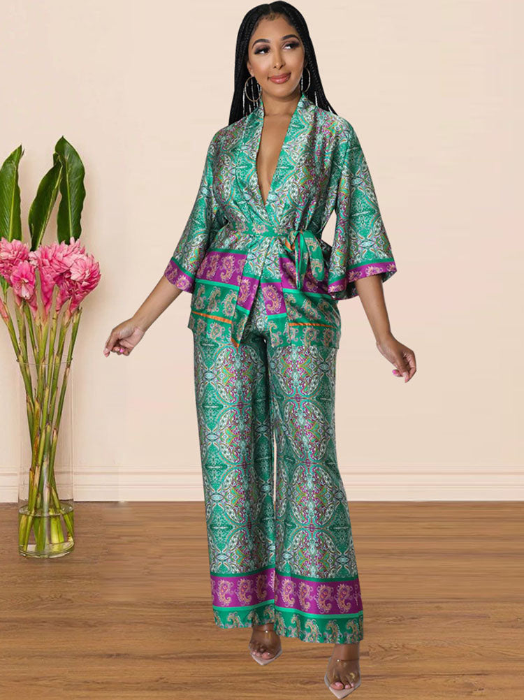 Two Piece Silk Print Pant Suits