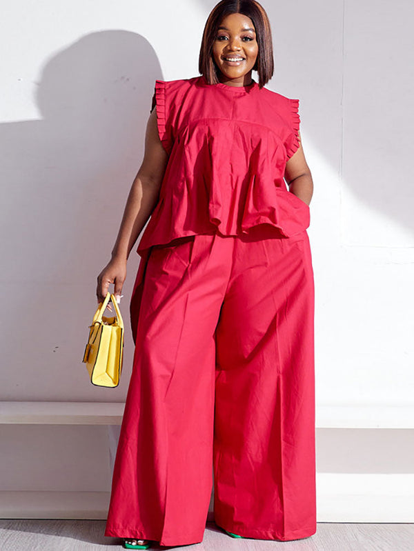 Ruffle Sleeve Shirt and Wide-Leg Pants Set