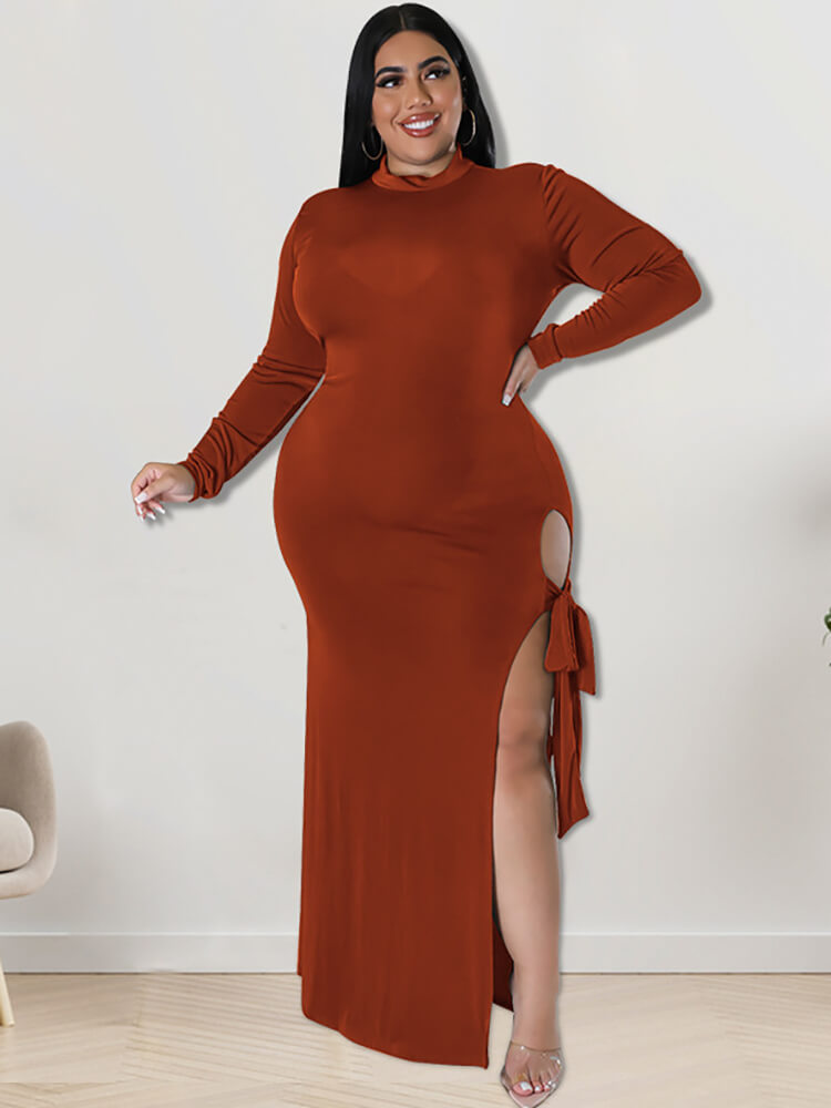 Plus Size Mock Neck Long Sleeve Strappy Slit Maxi Dresses