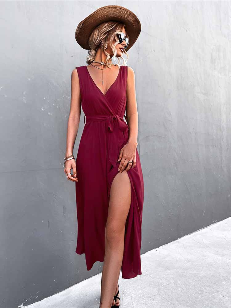 Sleeveless V Neck Split Midi Dresses