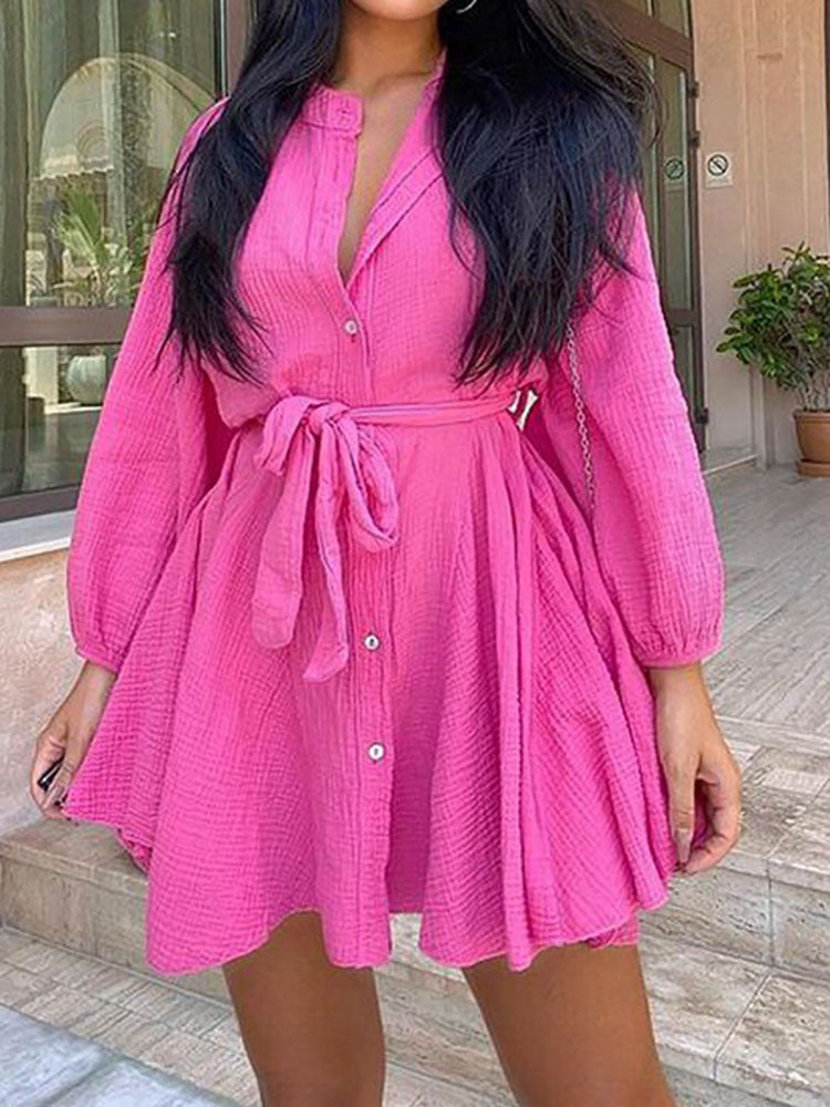 Solid Color Long Sleeve Pleated Mini Dress