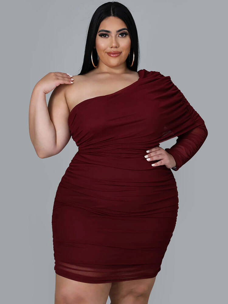 Plus Size One Shoulder Long Sleeve Mini Dress