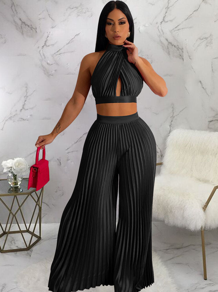 Two Piece Halter Crop Top Wide Leg Pants