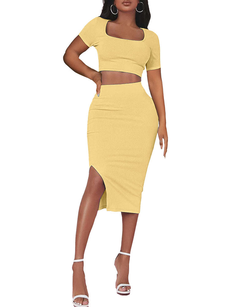 Two Piece Ribbed Crop Top & Midi Skirt