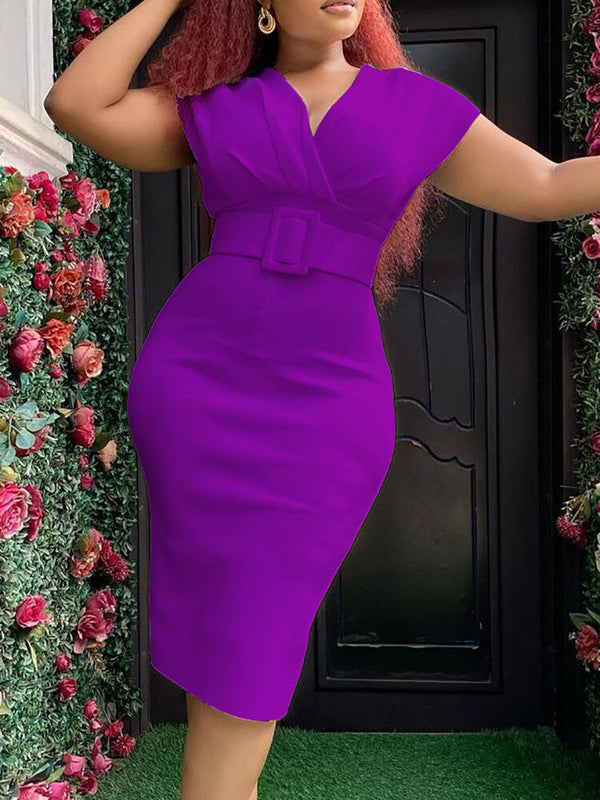 Sleeveless V Neck Ruched Bodycon Midi Dresses