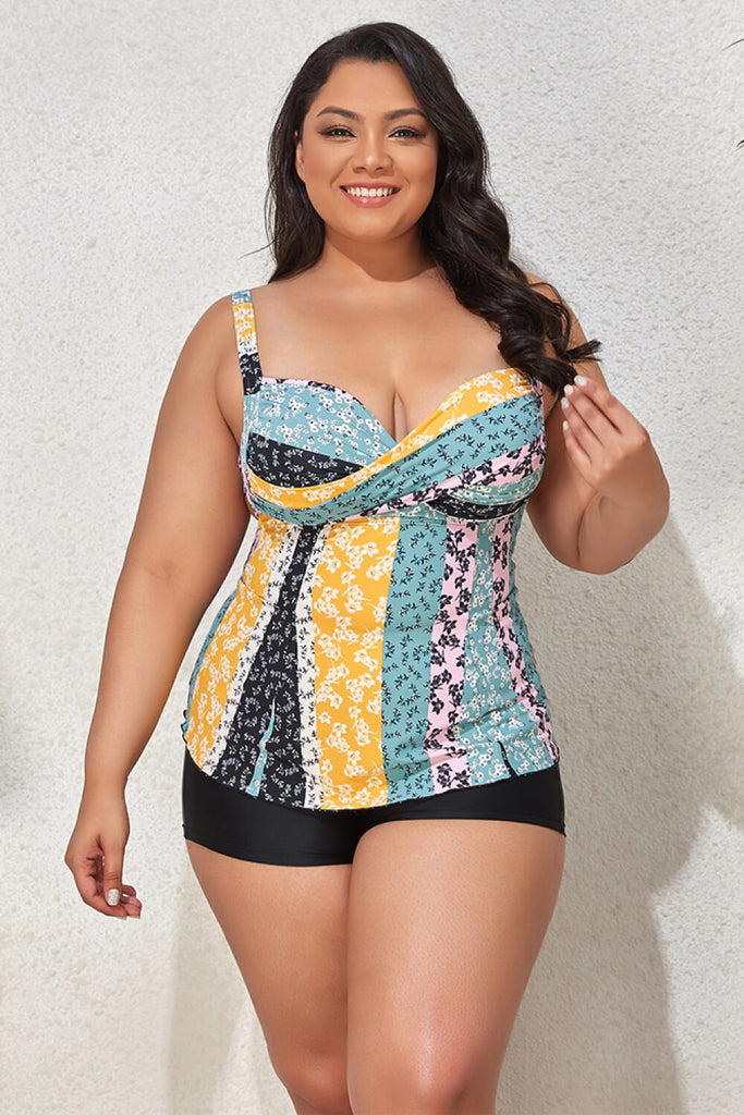 Plus Size Printed Crisscross Cutout Two-Piece Swim Set DD+ Tankini