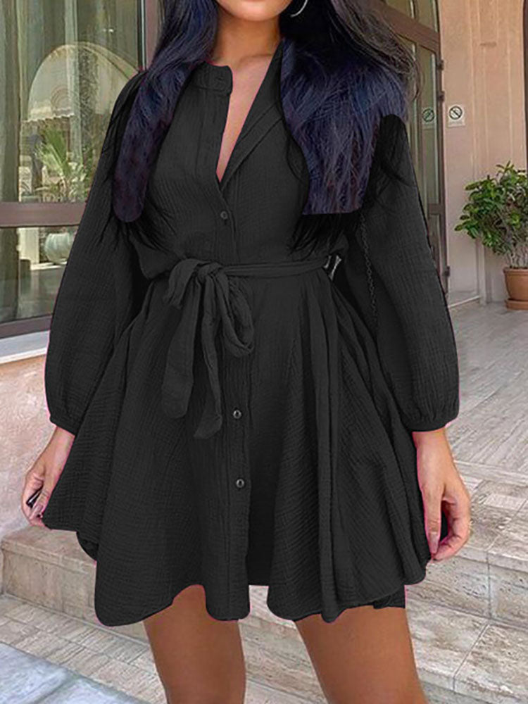 Solid Color Long Sleeve Pleated Mini Dress