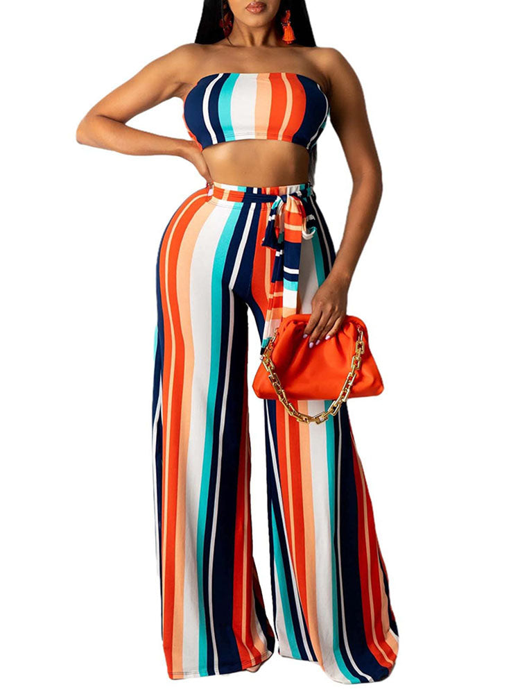 Two Piece Stripe Tube Top Wide Leg Pants