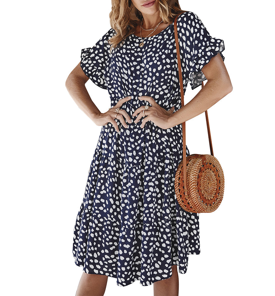 Floral Print Ruffle Short Sleeve Midi Dress