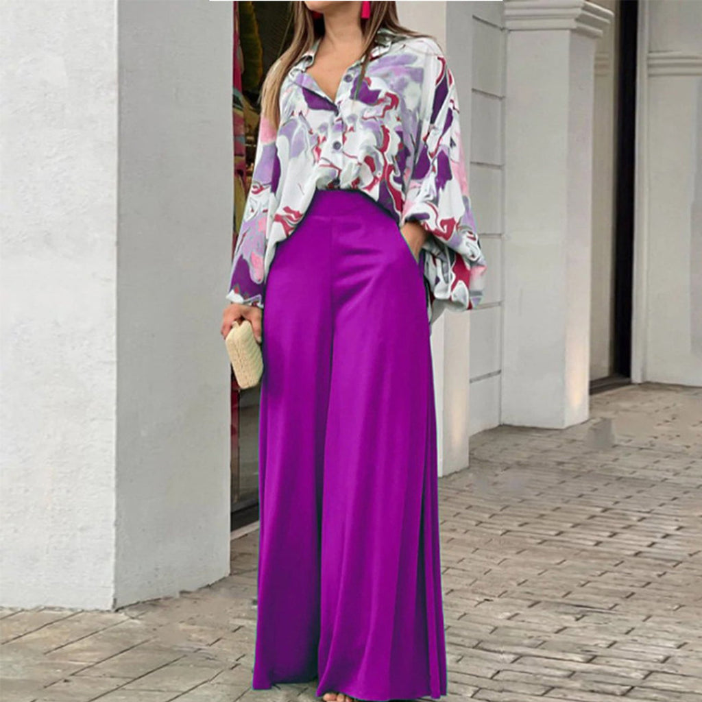 Two Piece Floral Print Shirts & Wide Leg Pants