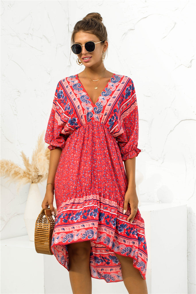 Boho Printed Bohemian V Neck Dress