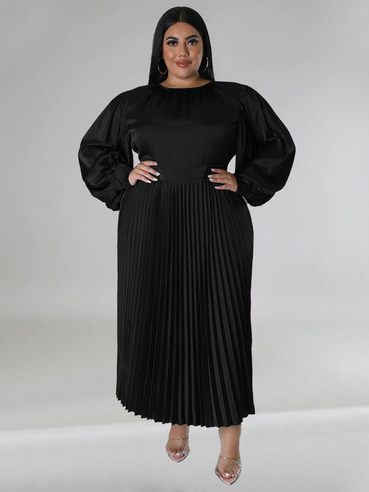 Long Sleeve Pleated Satin Plus Size Maxi Dresses