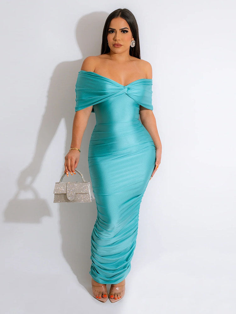 Off Shoulder Ruched Bodycon Maxi Dresses