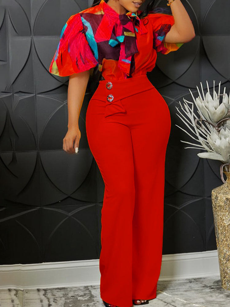 Plus Size Short Sleeve Shirt and Wide Leg Pants Set