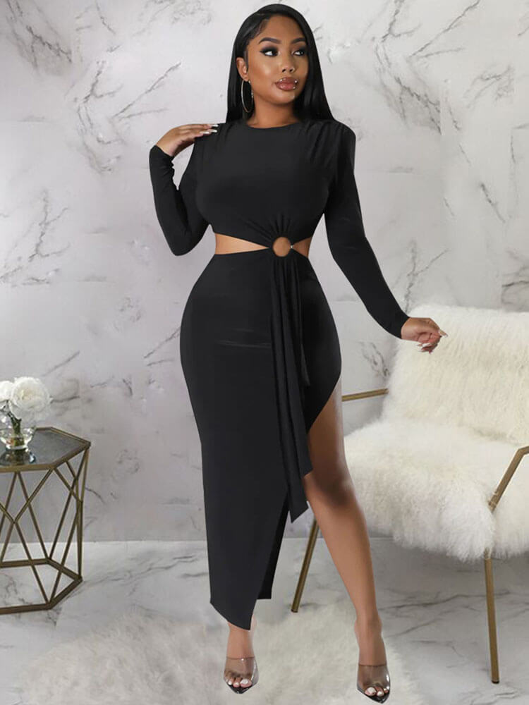 Long Sleeve Cutout Ruched Slit Midi Dresses