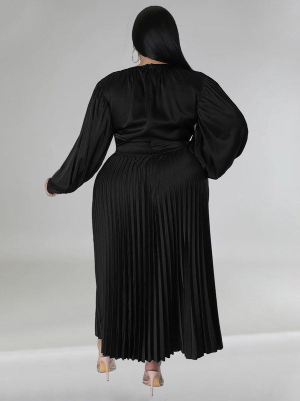 Long Sleeve Pleated Satin Plus Size Maxi Dresses