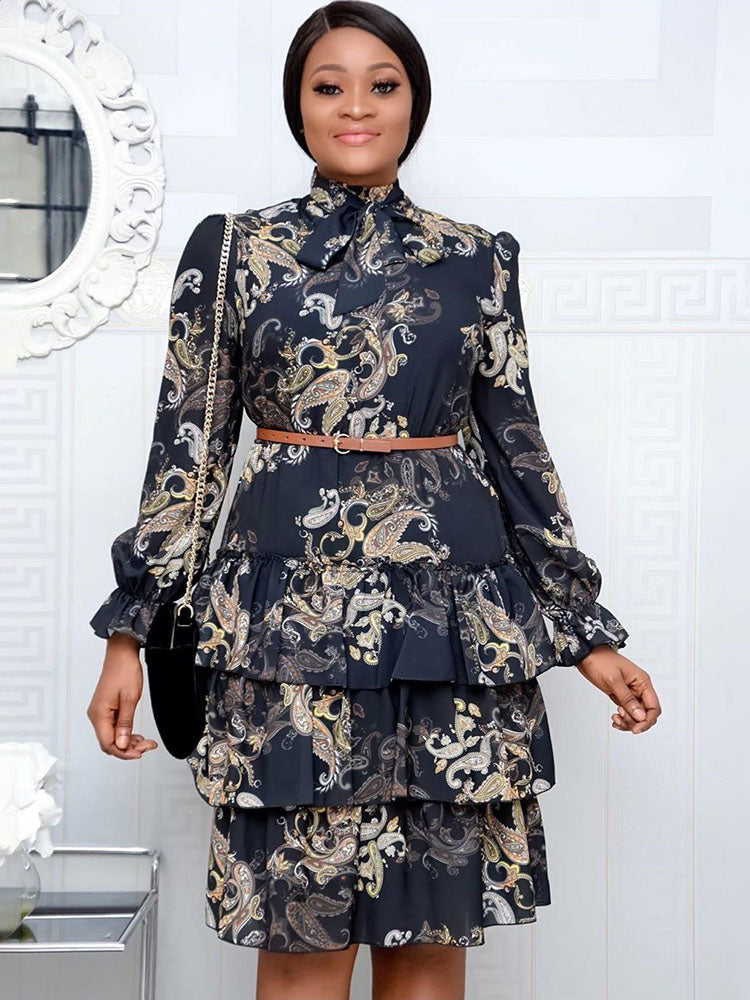 Long Sleeves Floral Print Belted Midi Dresses