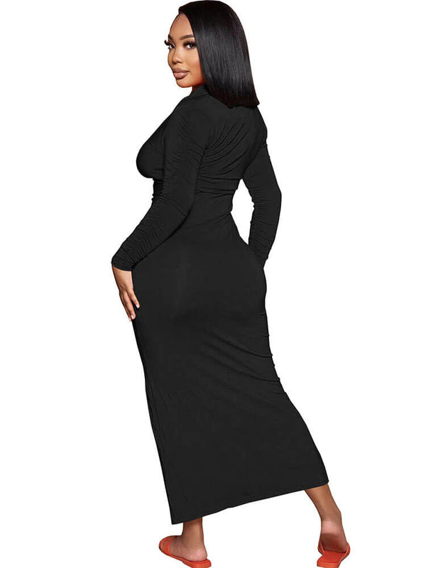 Long Sleeve V Neck Ruched Slit Midi Dresses