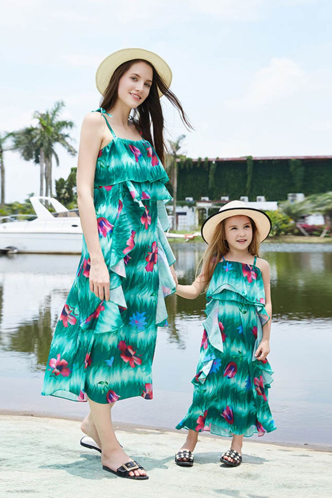 Women Floral Ruffled Dress Mother Daughter Swimwear Cover Up