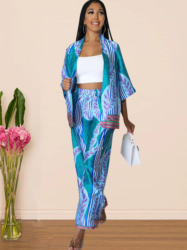 Two Piece Silk Print Pant Suits